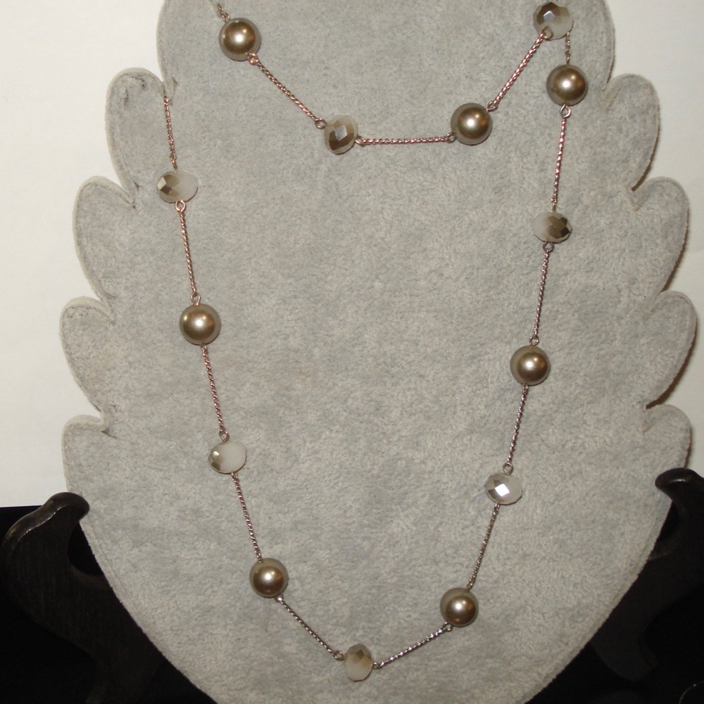 Gray/Siver Glass Pearls-Crystal Necklace 38"
